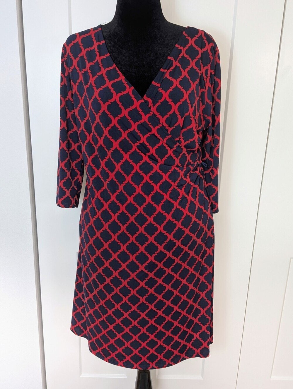 GILLI Carenza Faux Wrap Jersey Dress Cobalt Blue Red Sz XXL 3/4 Sleeves V-neck
